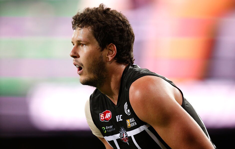 SANFL 2015 Rd 04 - Port Adelaide v Norwood Jarrad Redden of the Magpies looks on during the 2015 SANFL Round 04 match between the Port Adelaide Magpies and the Norwood Redlegs at Adelaide Oval, Adelaide on April 24, 2015. (Photo: Michael Willson/AFL Media)
